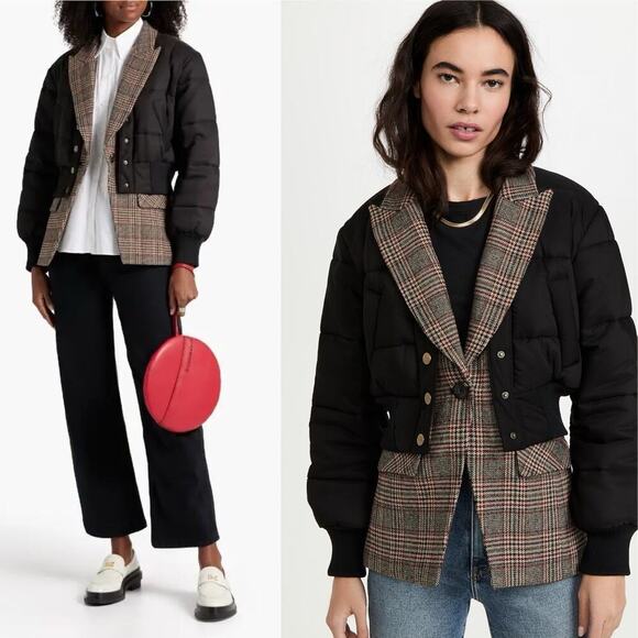 Veronica Beard Larkin Mixed Media Puffer Jacket Black/Brown Plaid Size 6 - Picture 1 of 10
